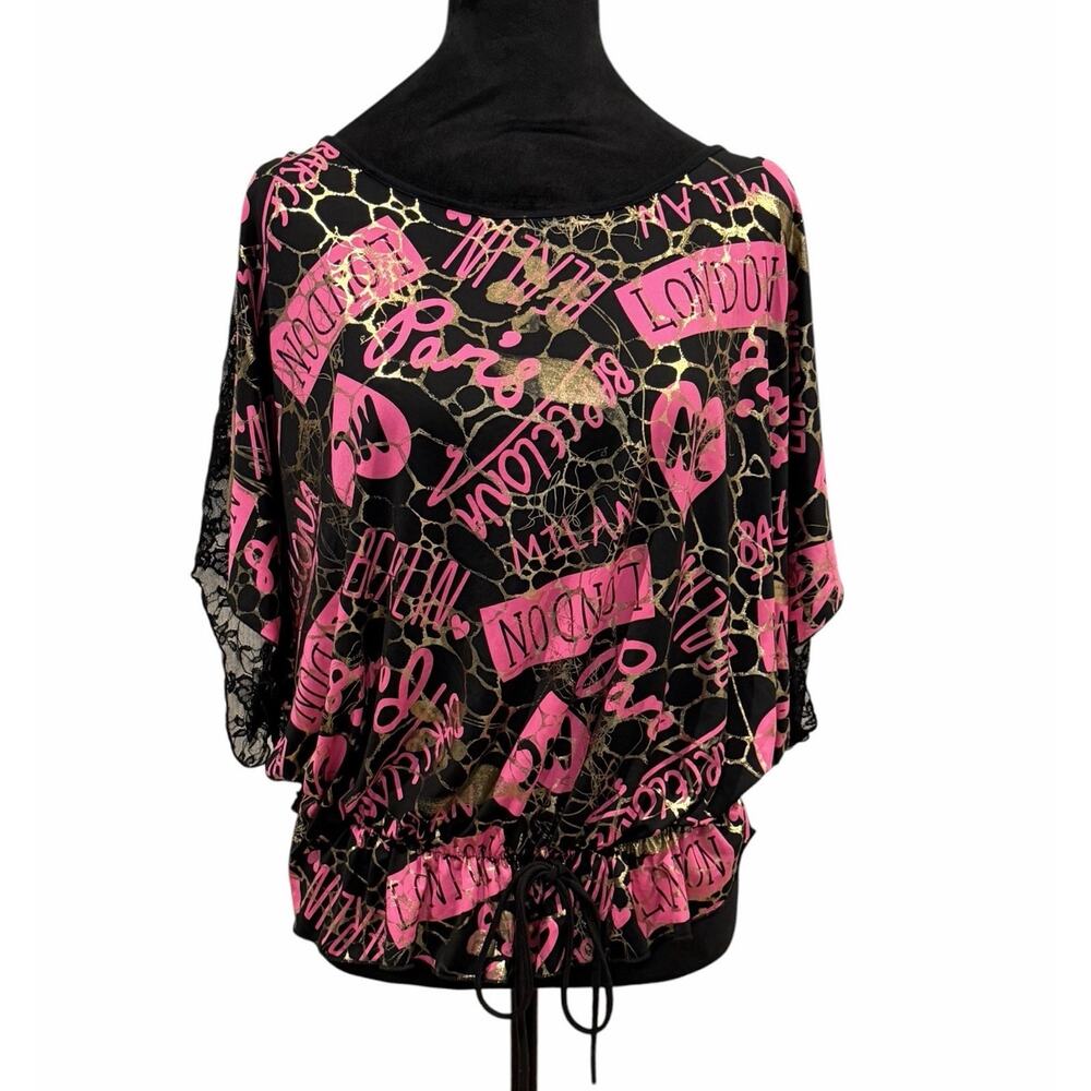 Caren Sport Black Pink Gold Bubble Hem Top Women’s 2X City Graphics Lace Y2K - Picture 9 of 16